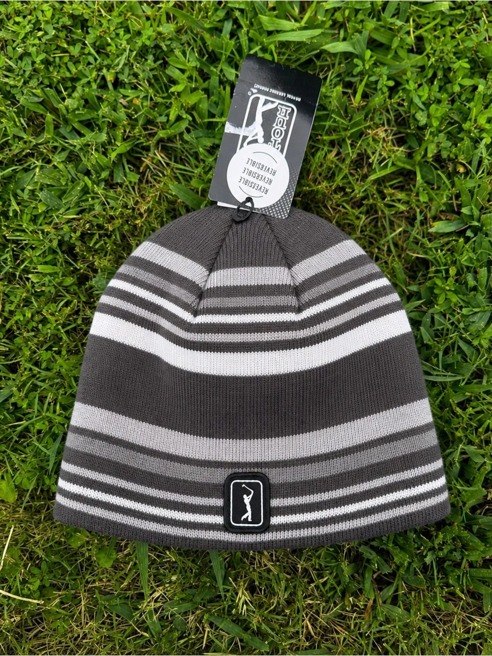 Men's Striped Knit Reversible Beanie Hat - Gray & White